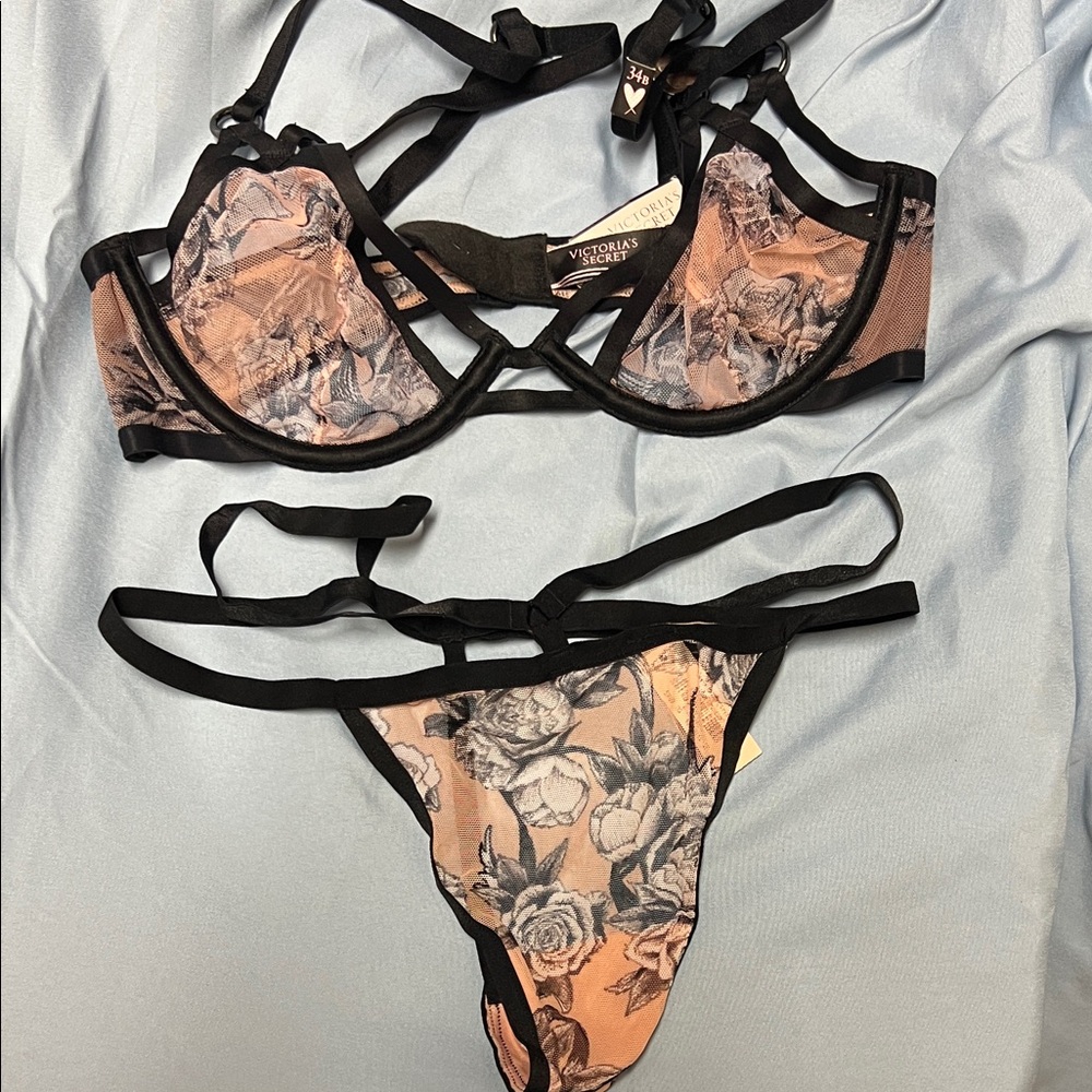 Victoria's Secret Black and Pink Floral Set